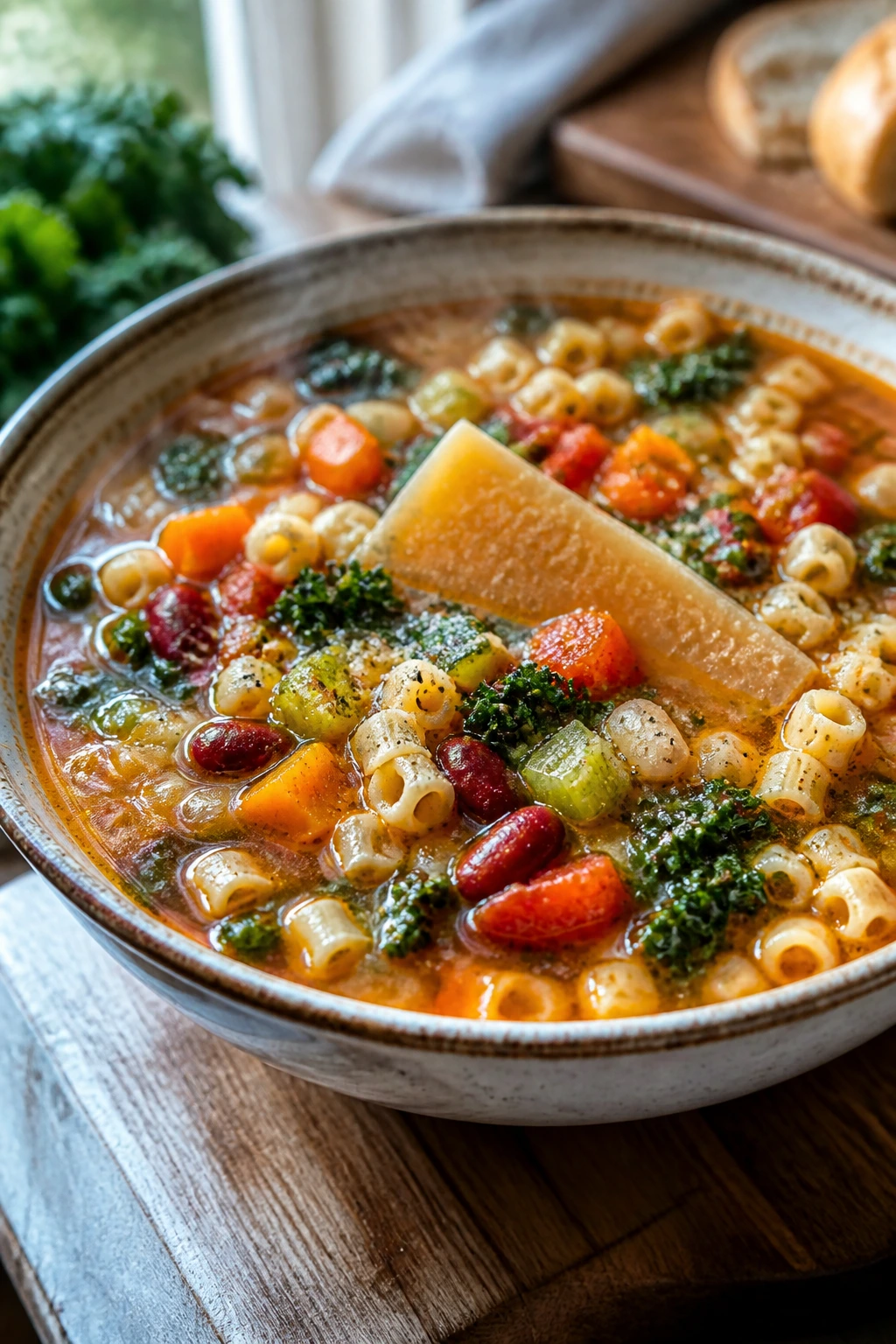 Steaming minestrone with parmesan rind and tiny pasta
