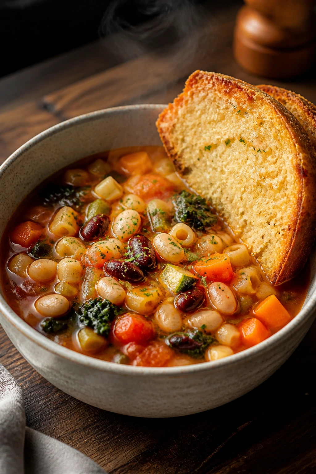 Bowl of minestrone with parmesan toast leaning on the rim