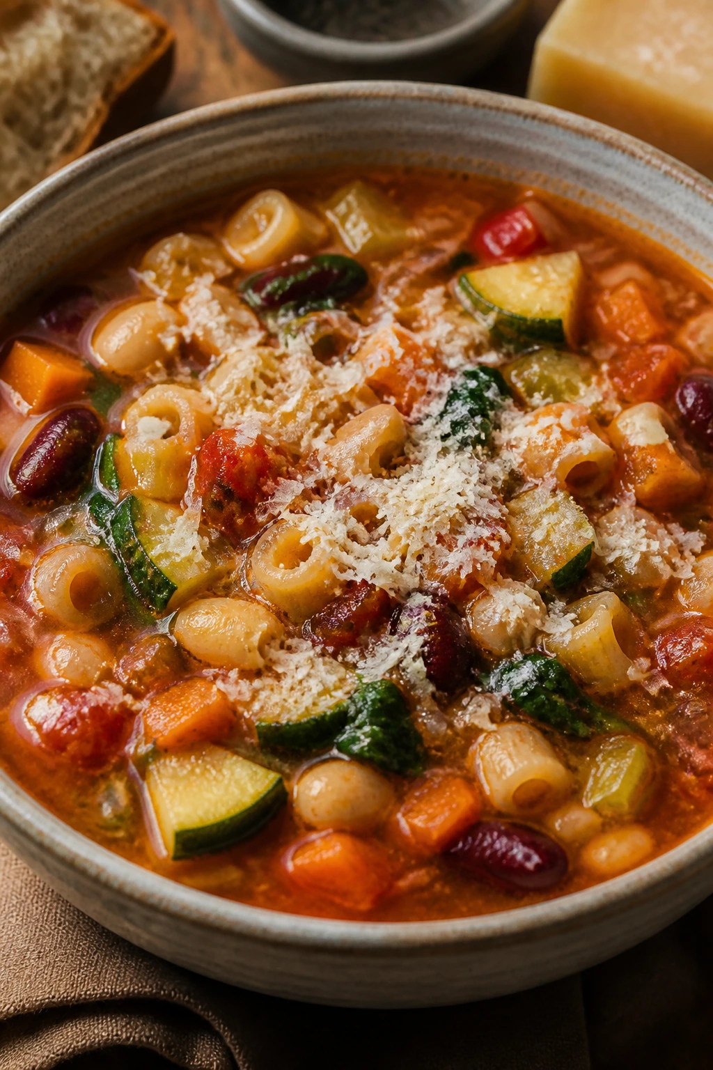 Close-up of Parmesan minestrone with grated cheese in a cozy kitchen