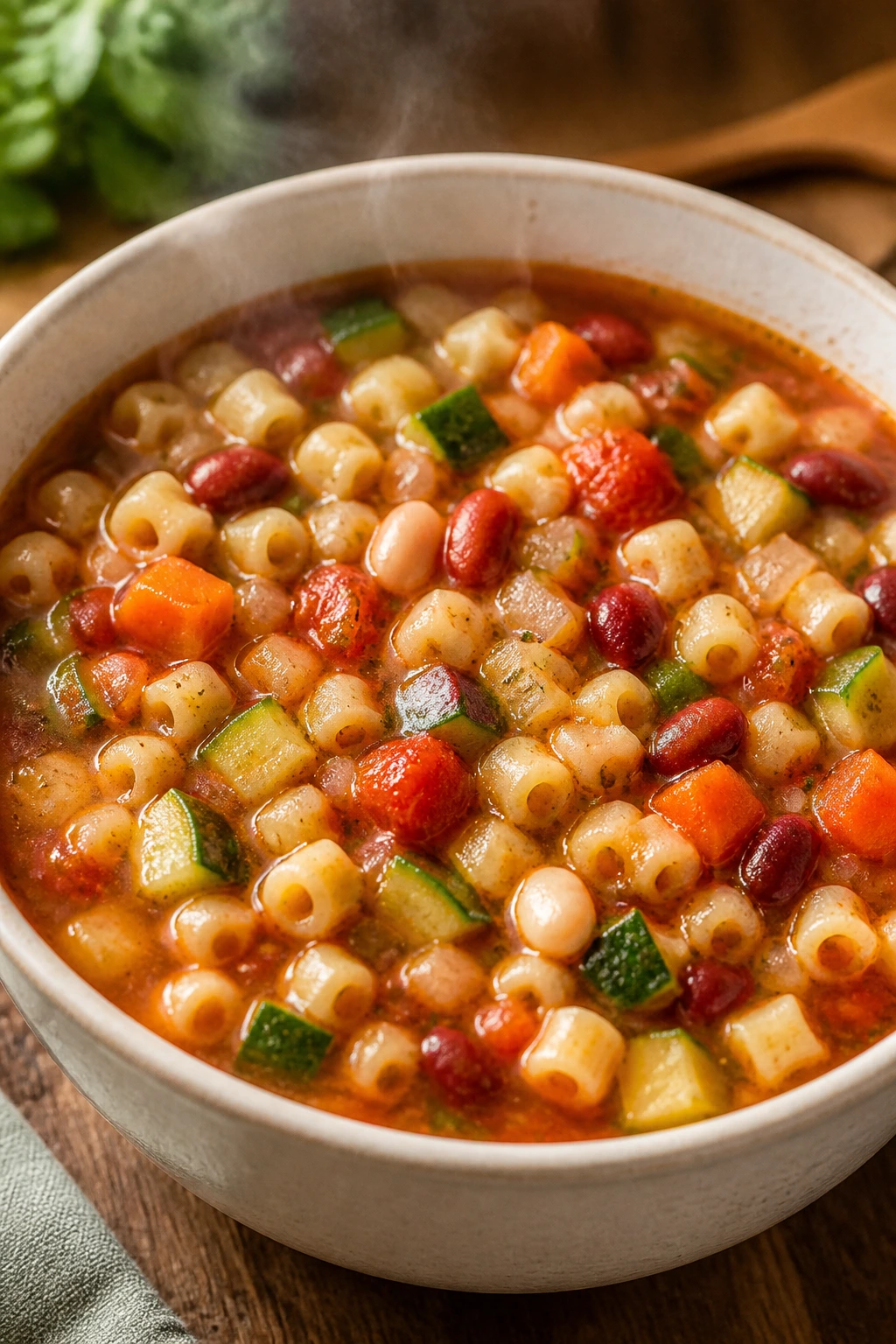 Bowl of minestrone with pasta and vegetables