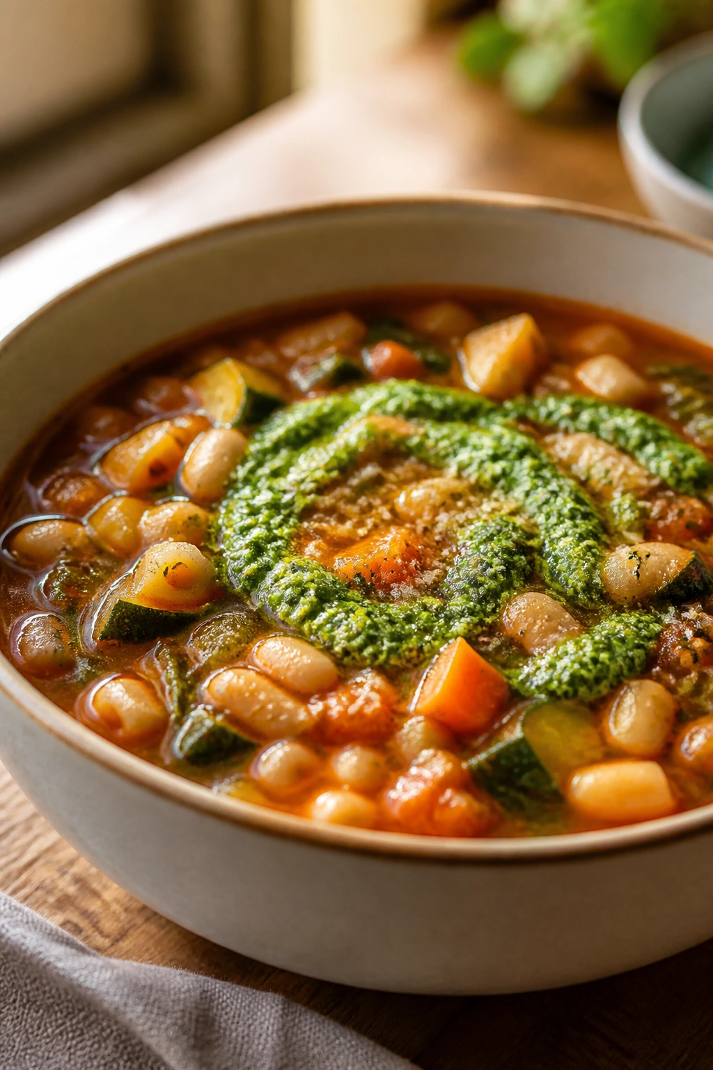 Close-up of hearty minestrone with pesto and cannellini beans in a ceramic bowl