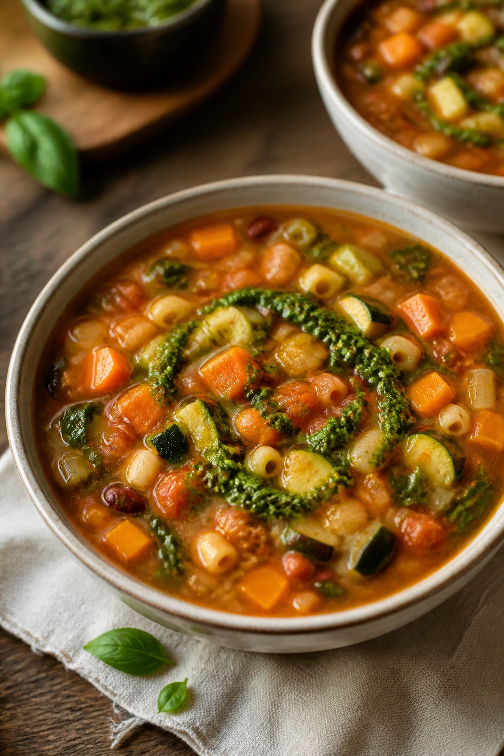 Bowl of minestrone soup with pesto swirl