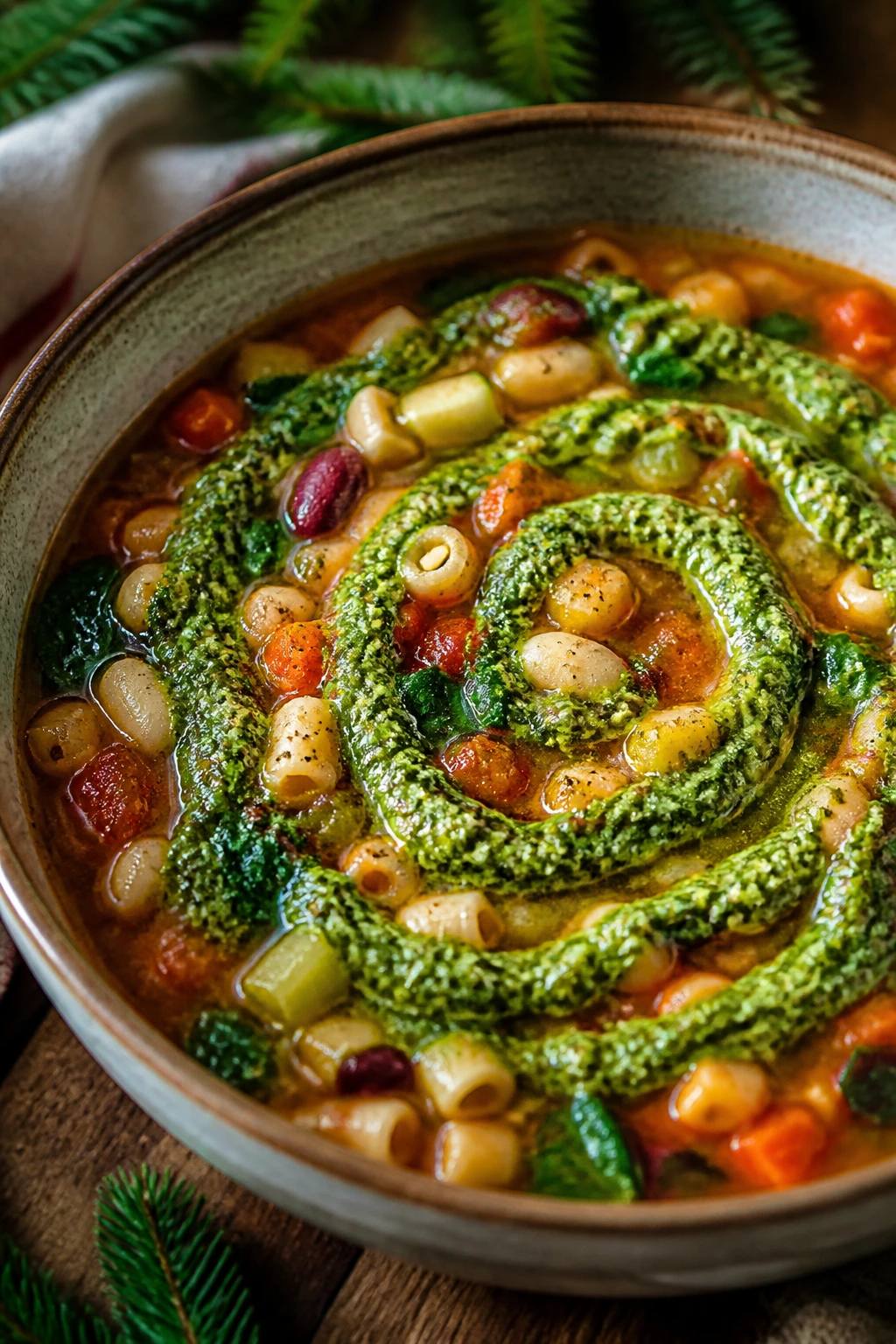 Minestrone soup with pesto swirl in a bowl