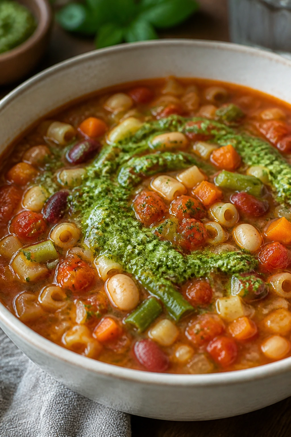 Minestrone soup with pesto swirl in a cozy kitchen bowl