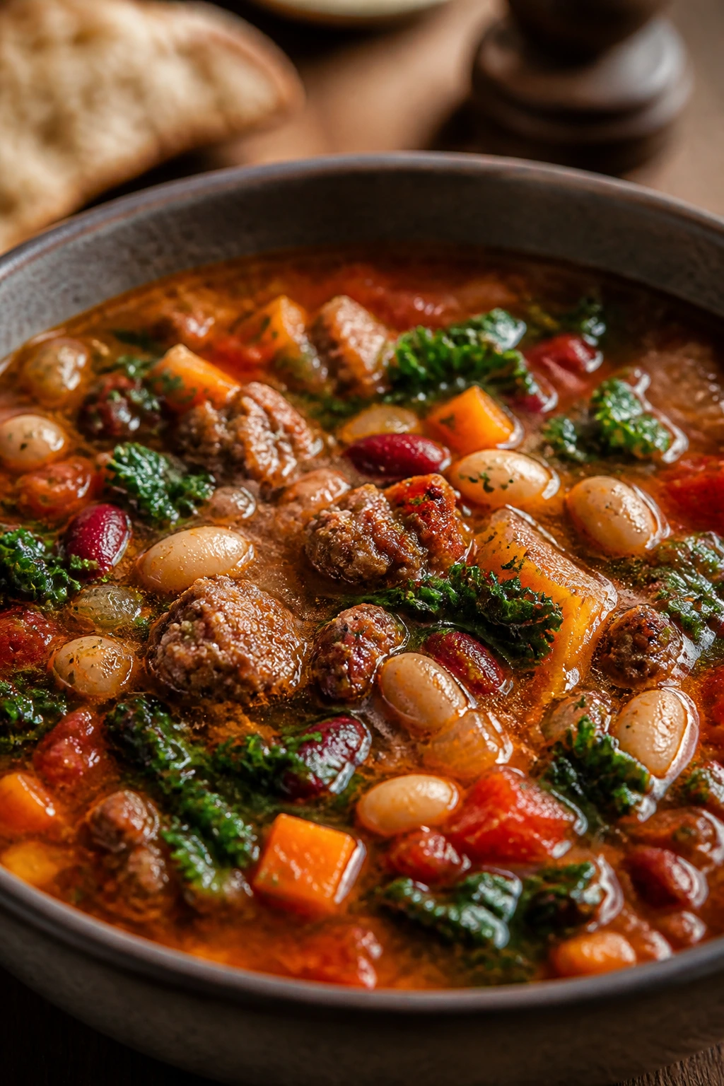Close-up of Minestrone with sausage in a bowl with beans and kale
