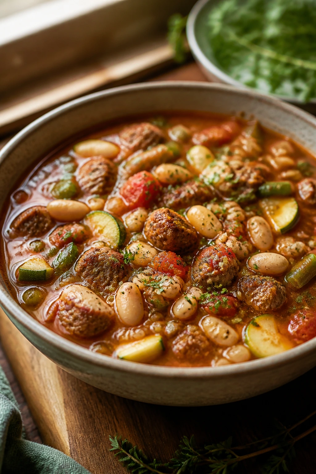 Close-up of Sausage Minestrone with White Beans and Farro showing farro and beans in tomato broth.