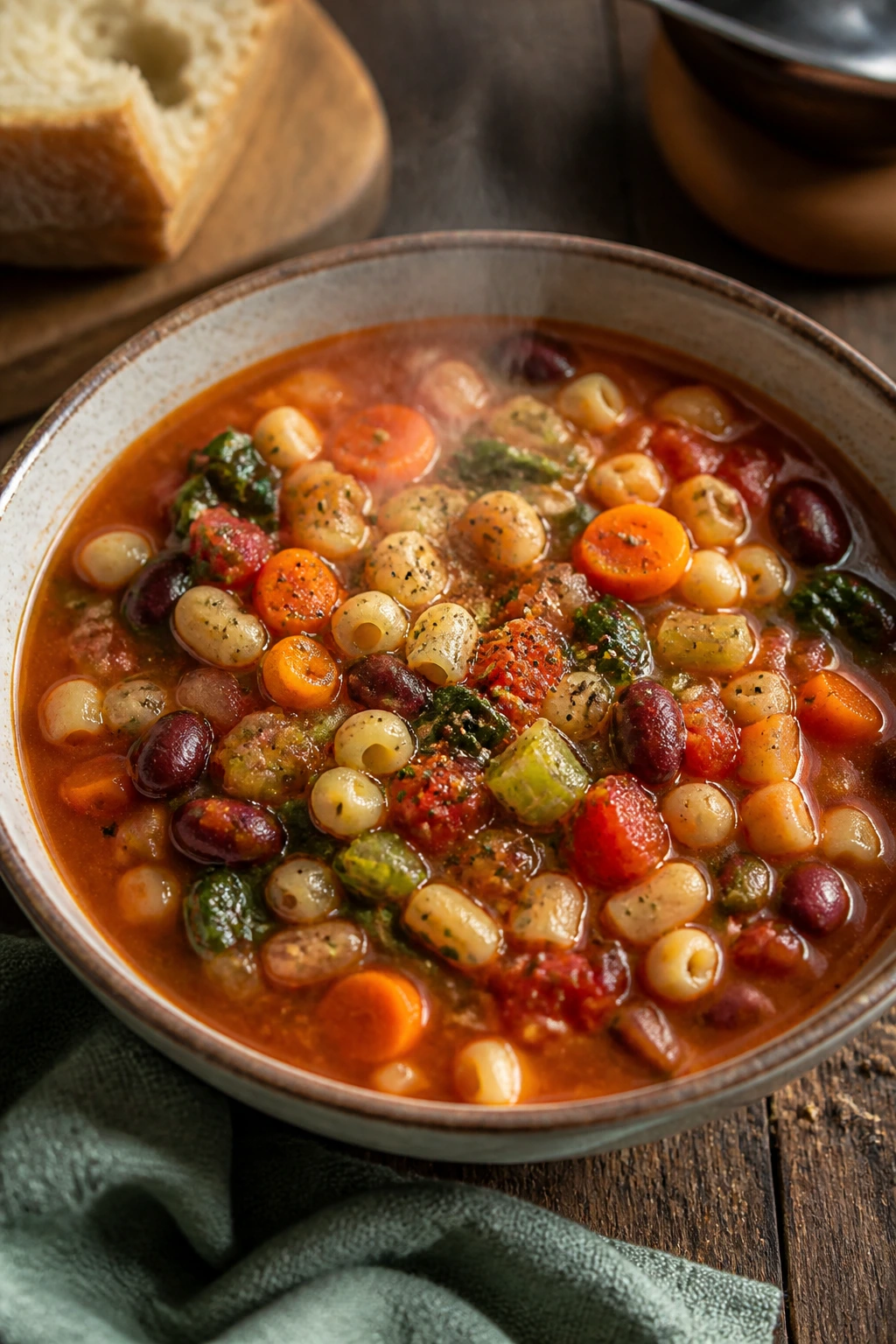 Bowl of minestrone with small pasta and vegetables