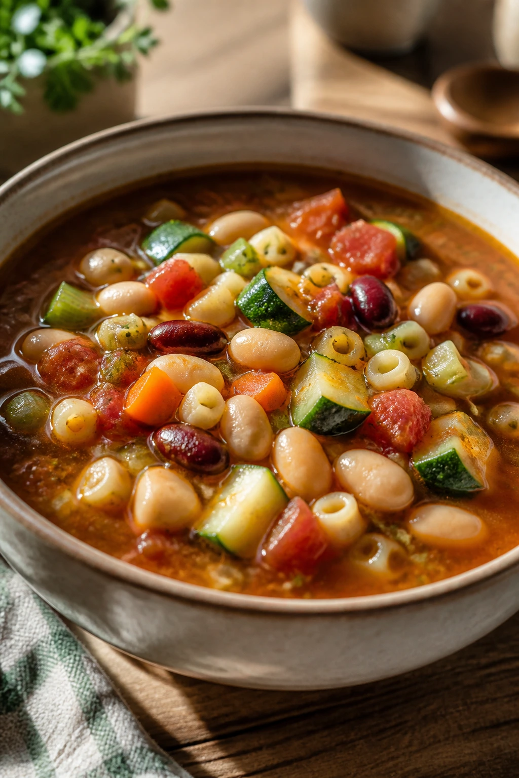Close-up of colorful minestrone soup in a bowl with beans zucchini and pasta