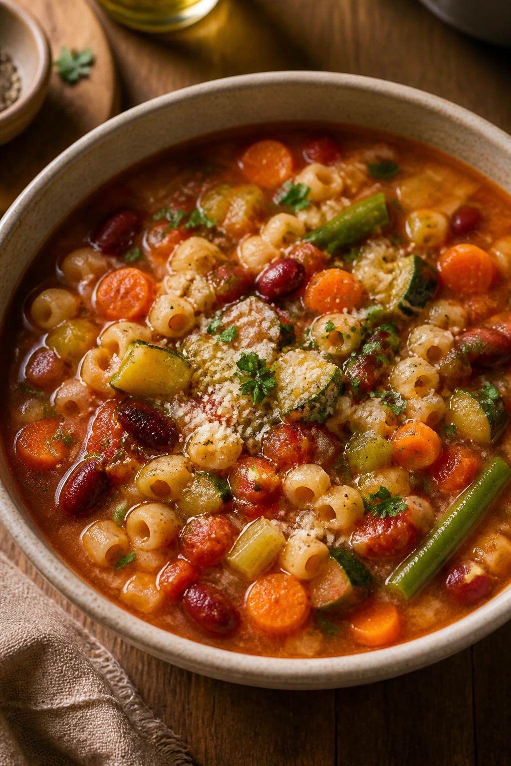 Steaming pantry minestrone in a rustic bowl