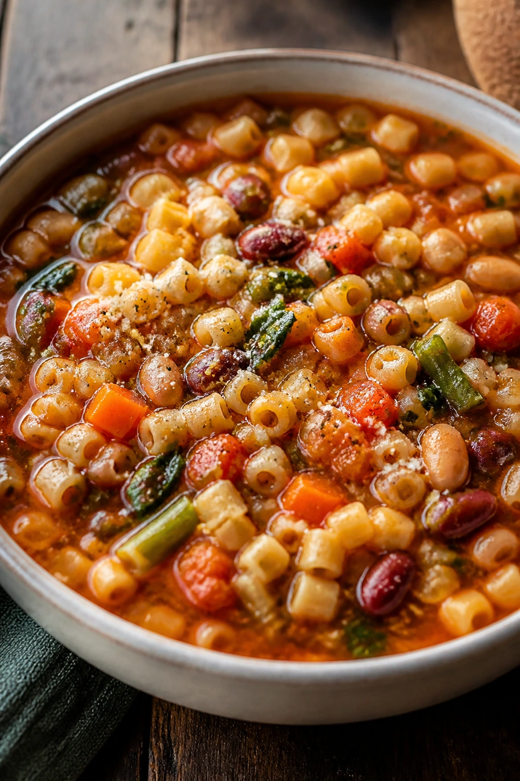 Close-up of Vegetable Minestrone with Small Pasta in a rustic bowl