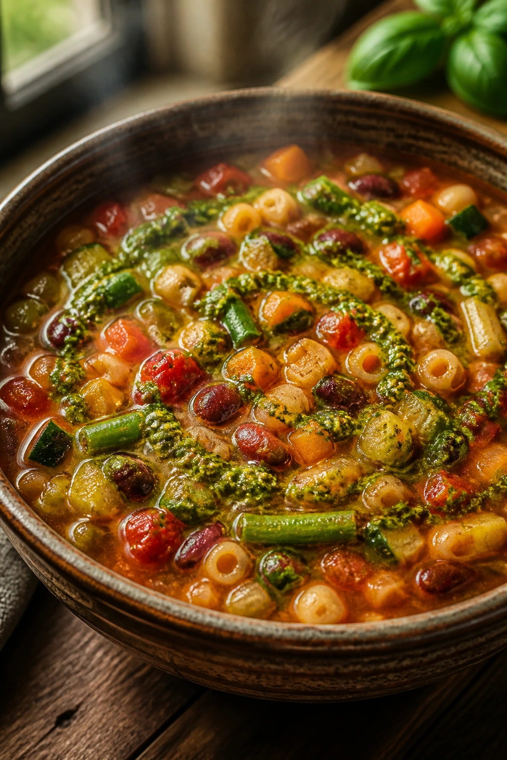 Close-up of Minestrone with Pesto Swirl in a rustic bowl with beans, pasta, vegetables and a pesto swirl.