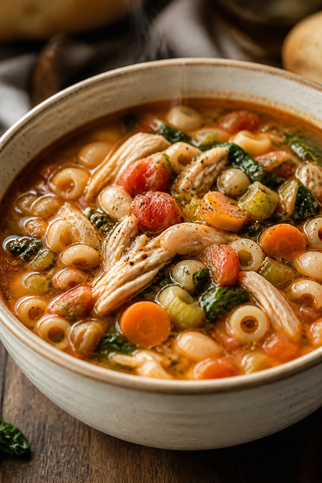Steaming bowl of rotisserie chicken minestrone with beans and vegetables