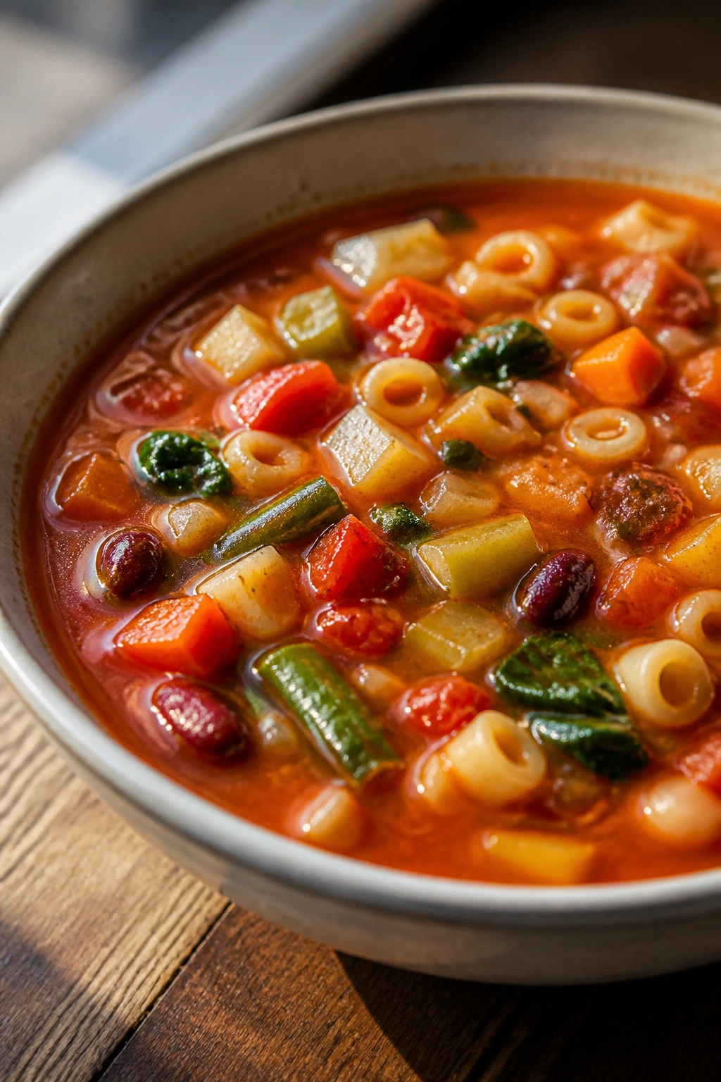 Close-up of colorful minestrone soup with vegetables in a bowl
