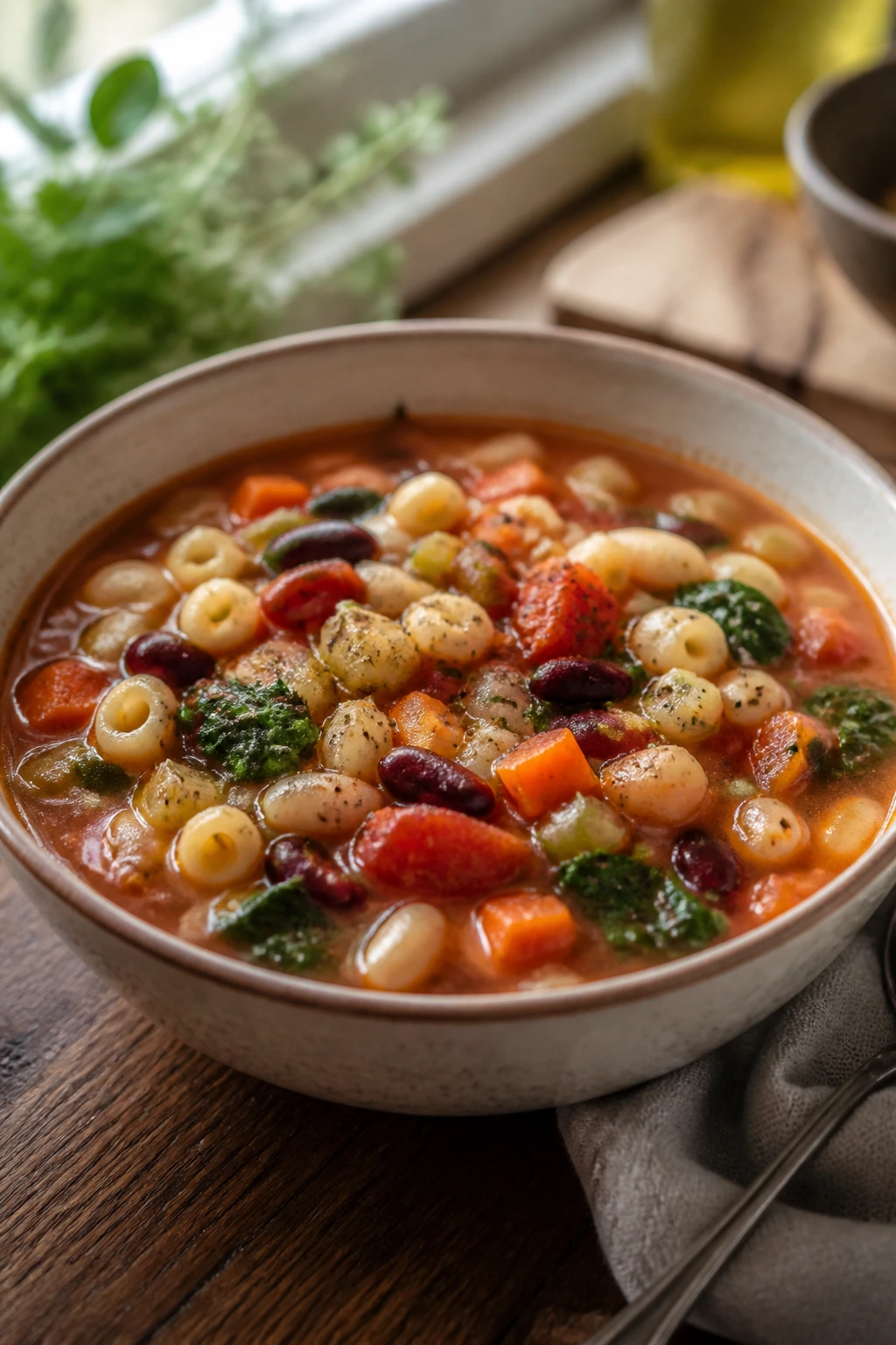 Vegetable and bean minestrone in a rustic bowl