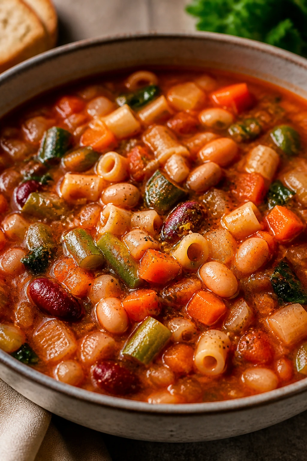 Close-up of vegetable minestrone in a bowl with beans and pasta