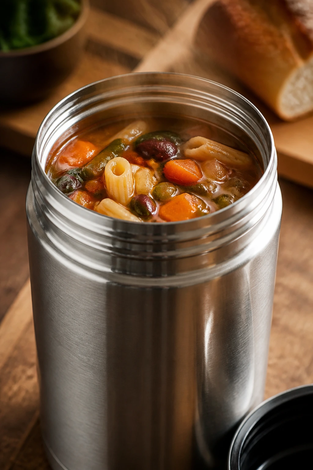 Steaming Minestrone Soup visible inside a thermos on a kitchen counter