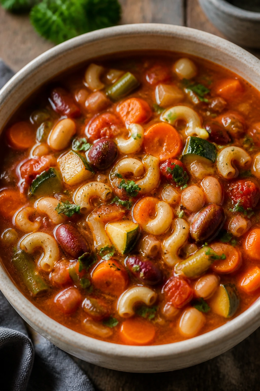 Close-up of Vegetable Minestrone in a colorful bowl with tomatoes and pasta