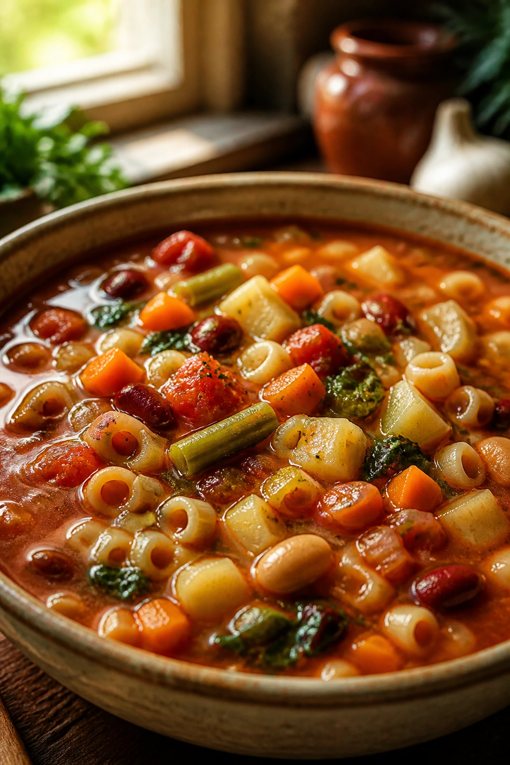 Bowl of classic vegetable minestrone with beans, pasta, and vegetables.