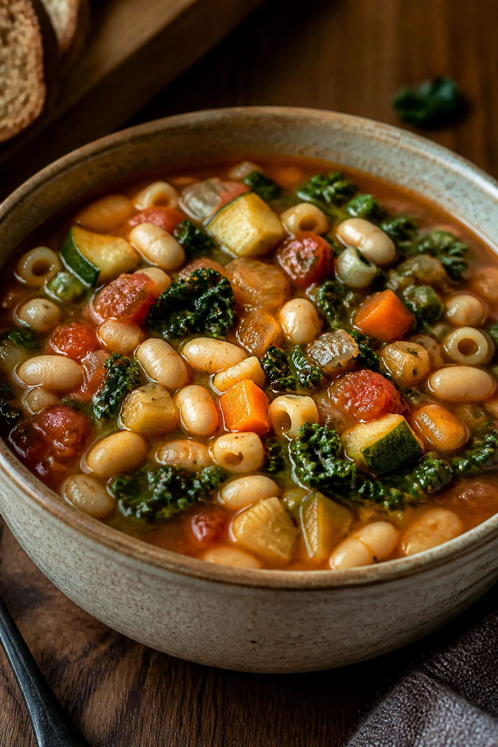 Minestrone soup with white beans and kale in a rustic bowl