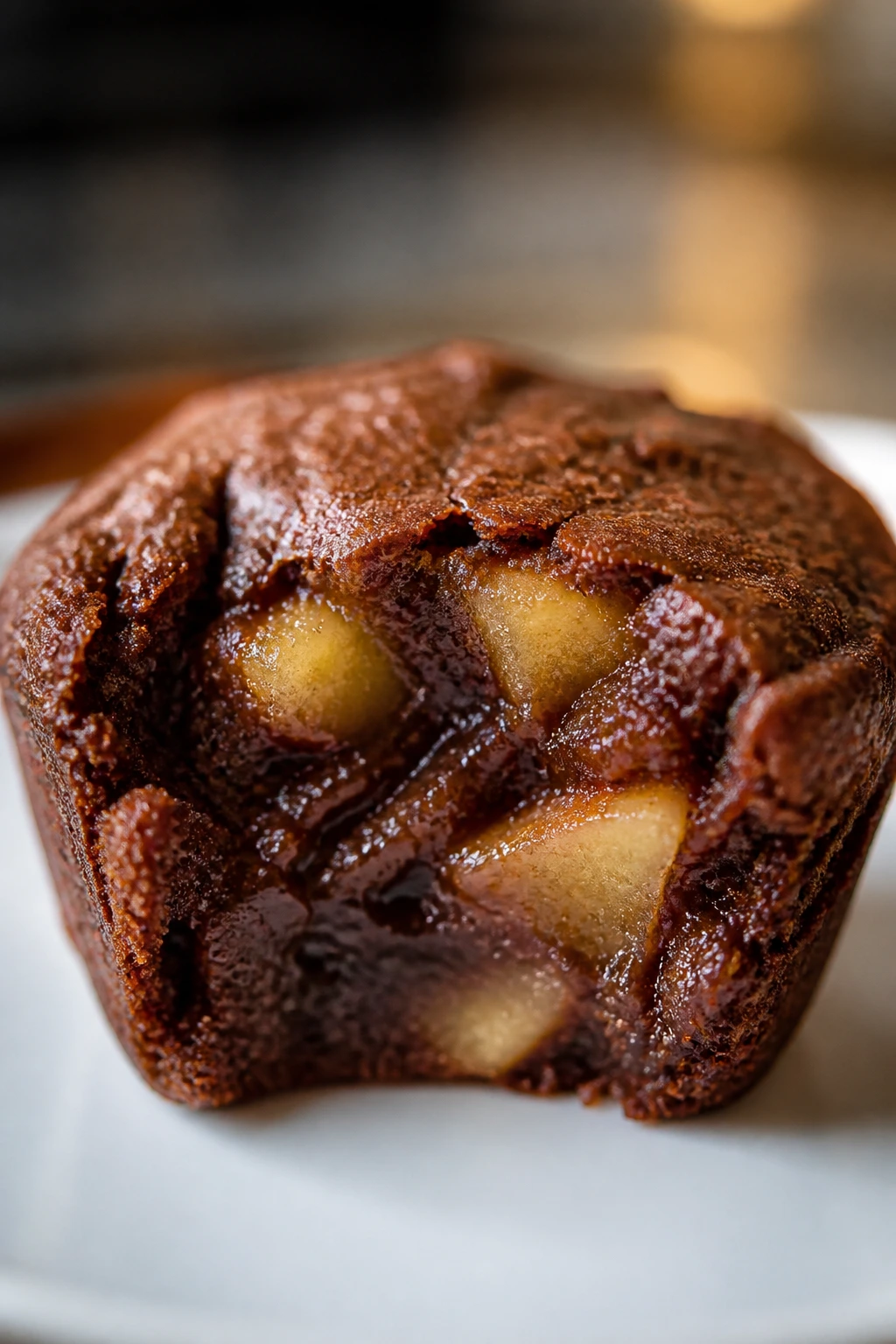 Close-up of a mini apple brownie bite on a plate with blurred background