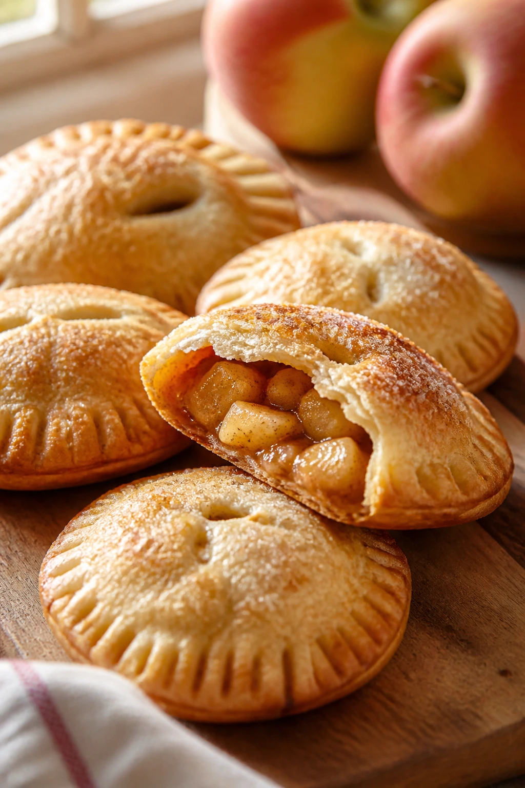 Close-up of golden mini apple hand pies on a wooden board