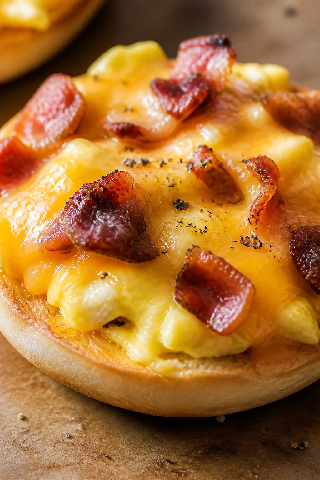Close-up of mini bagel breakfast pizza with egg and cheese