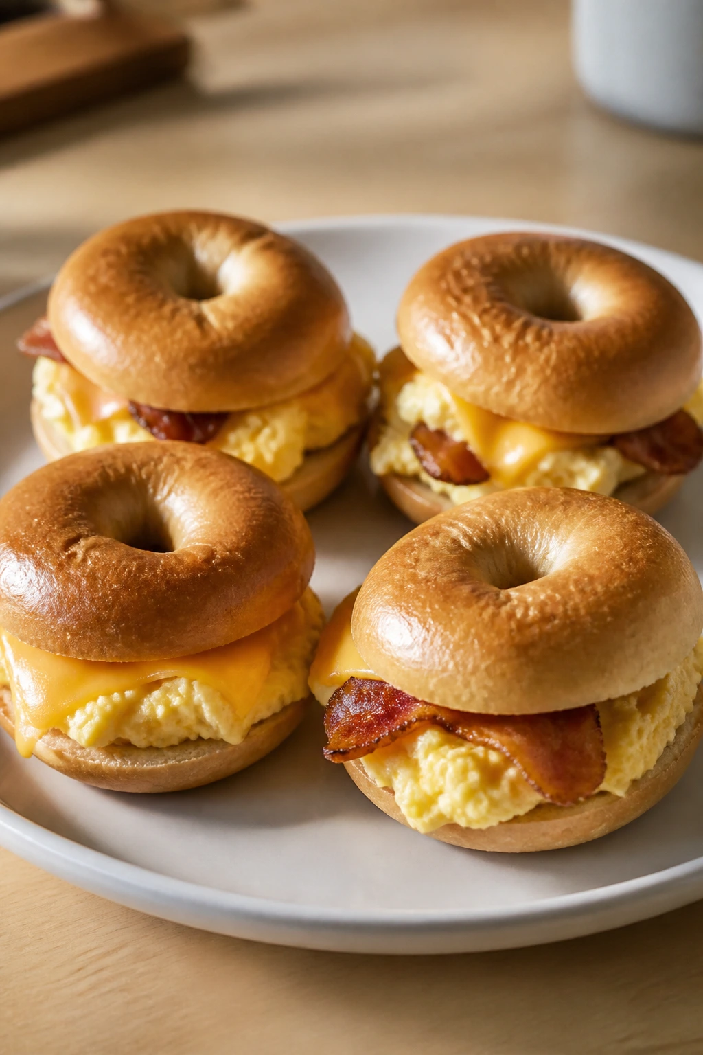 Close-up of four mini bagel breakfast sandwiches on a plate.