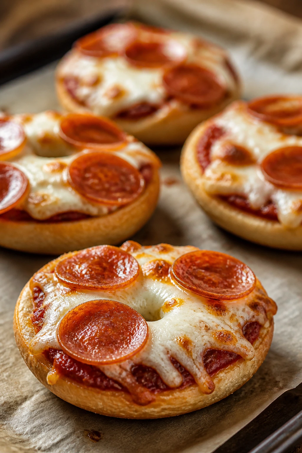Close-up of mini bagel pizzas on parchment in a warm kitchen