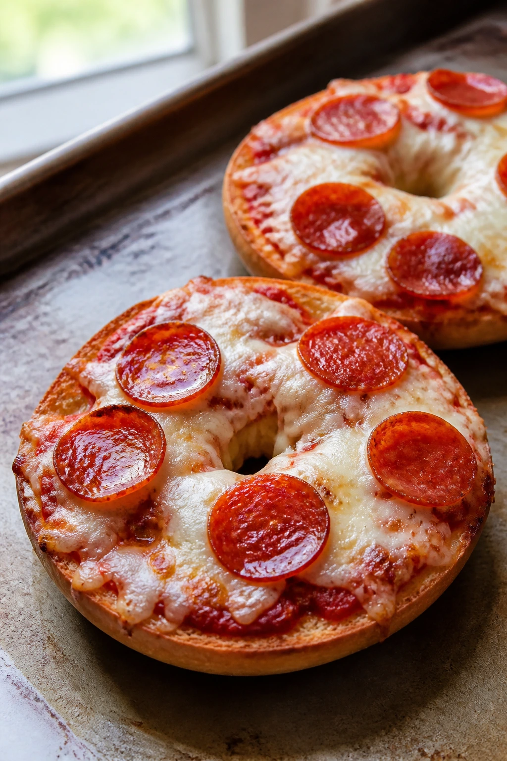 Close-up of mini bagel pizzas with melted cheese on a baking sheet