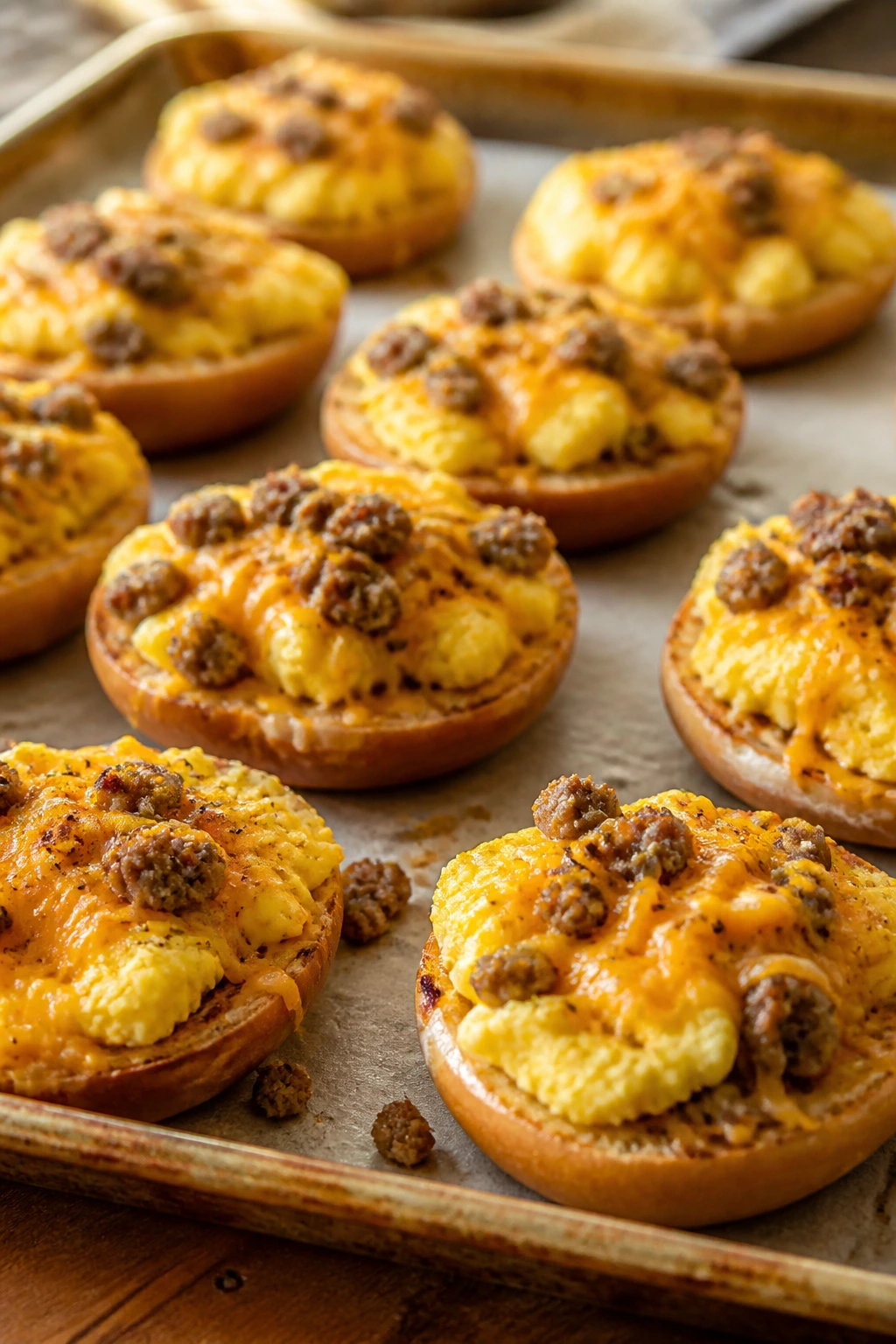 Close-up of mini bagel breakfast pizzas with eggs and cheese