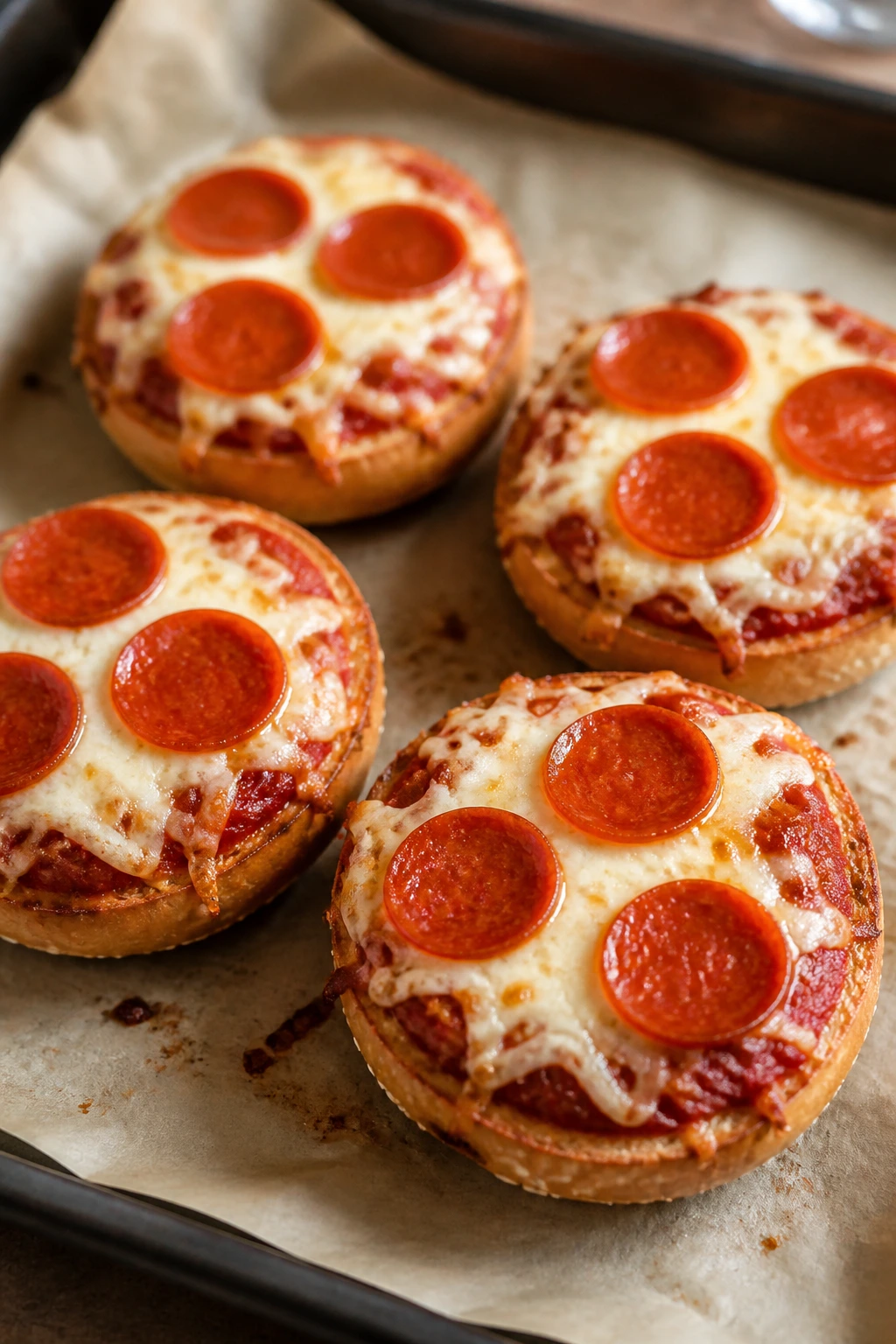 Close-up of four mini pizza bagels with sauce, cheese, and pepperoni.
