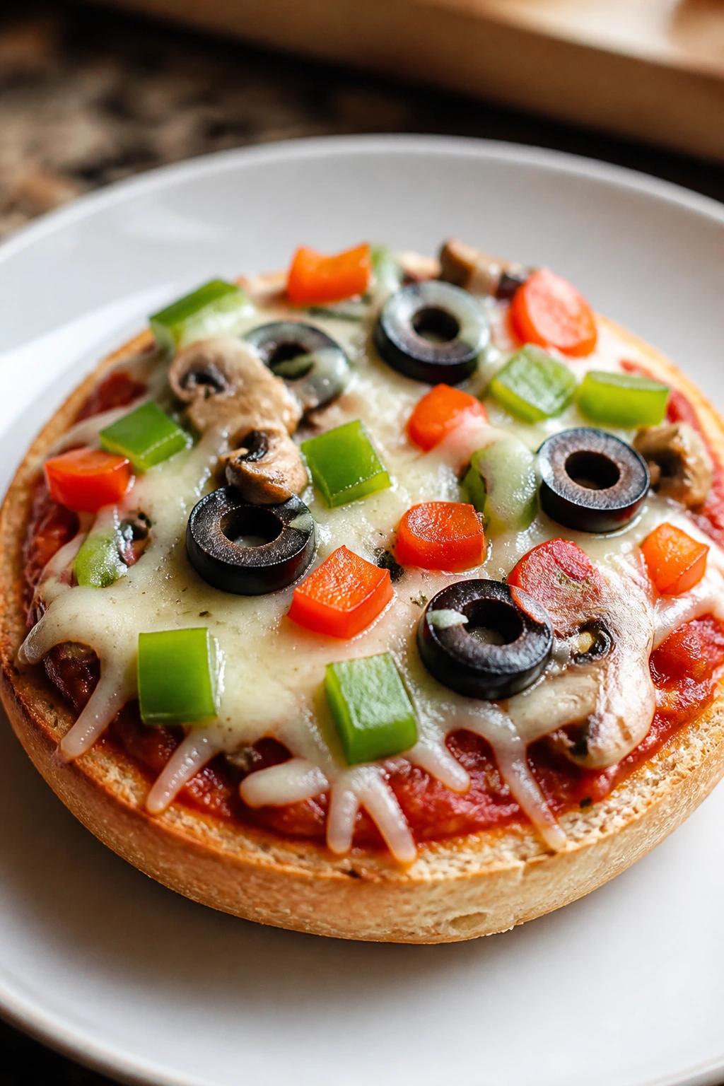 Close-up of a veggie pizza bagel half with toppings on a plate