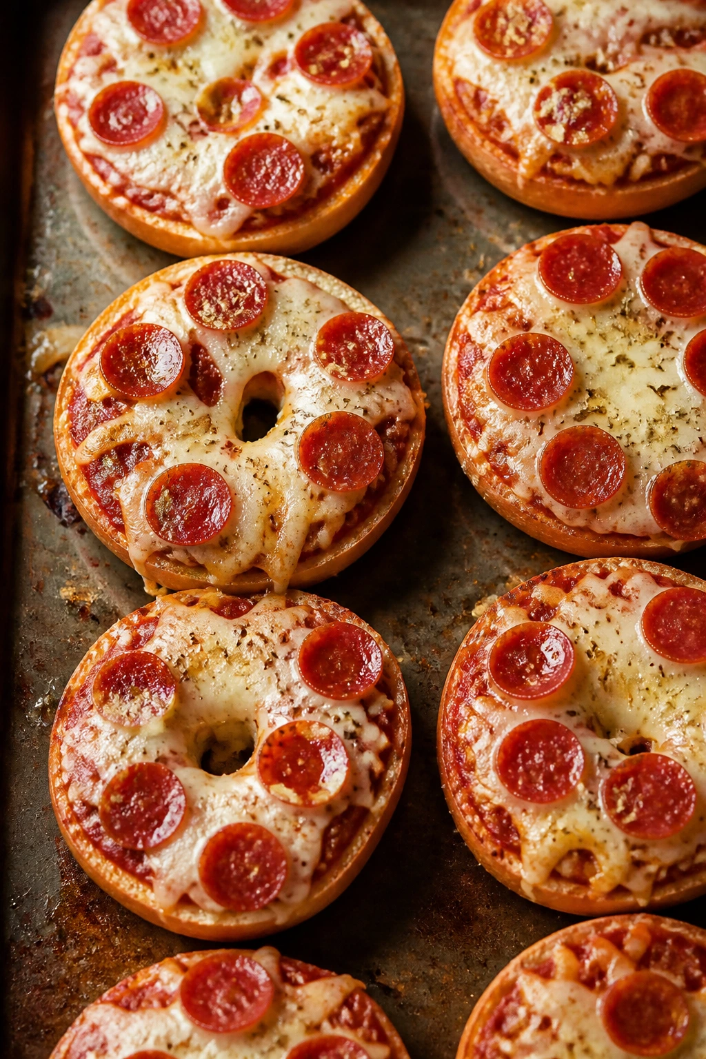 Mini pizza bagels with sauce, cheese, and pepperoni on a baking sheet