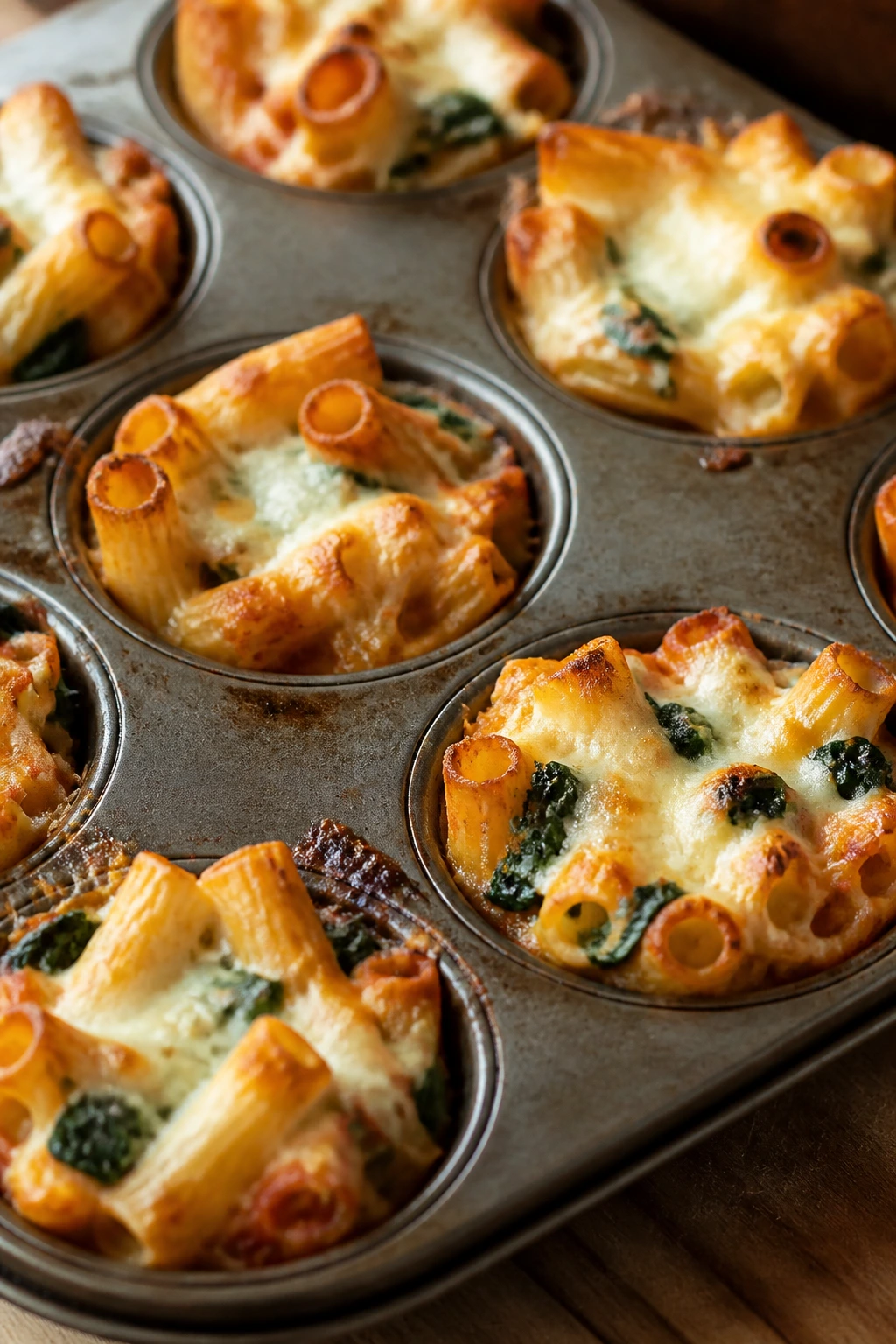 Muffin tin with golden baked ziti cups