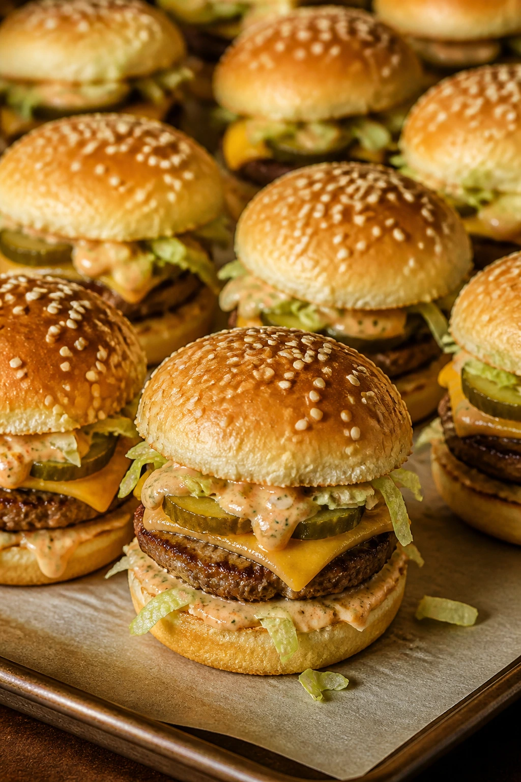 Mini Big Mac style sliders with sesame buns and lettuce