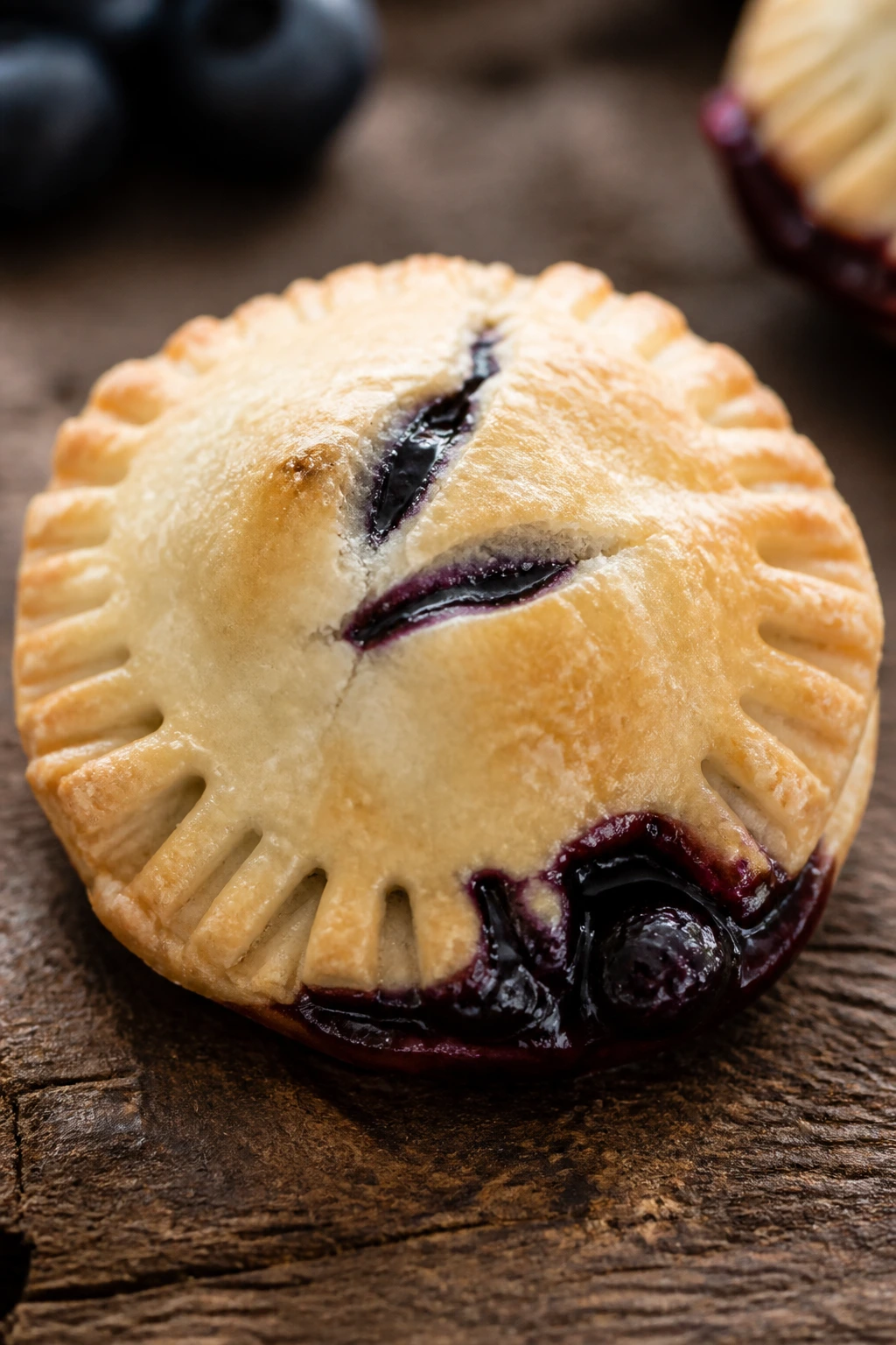 Close-up of a golden mini blueberry hand pie on a wooden surface