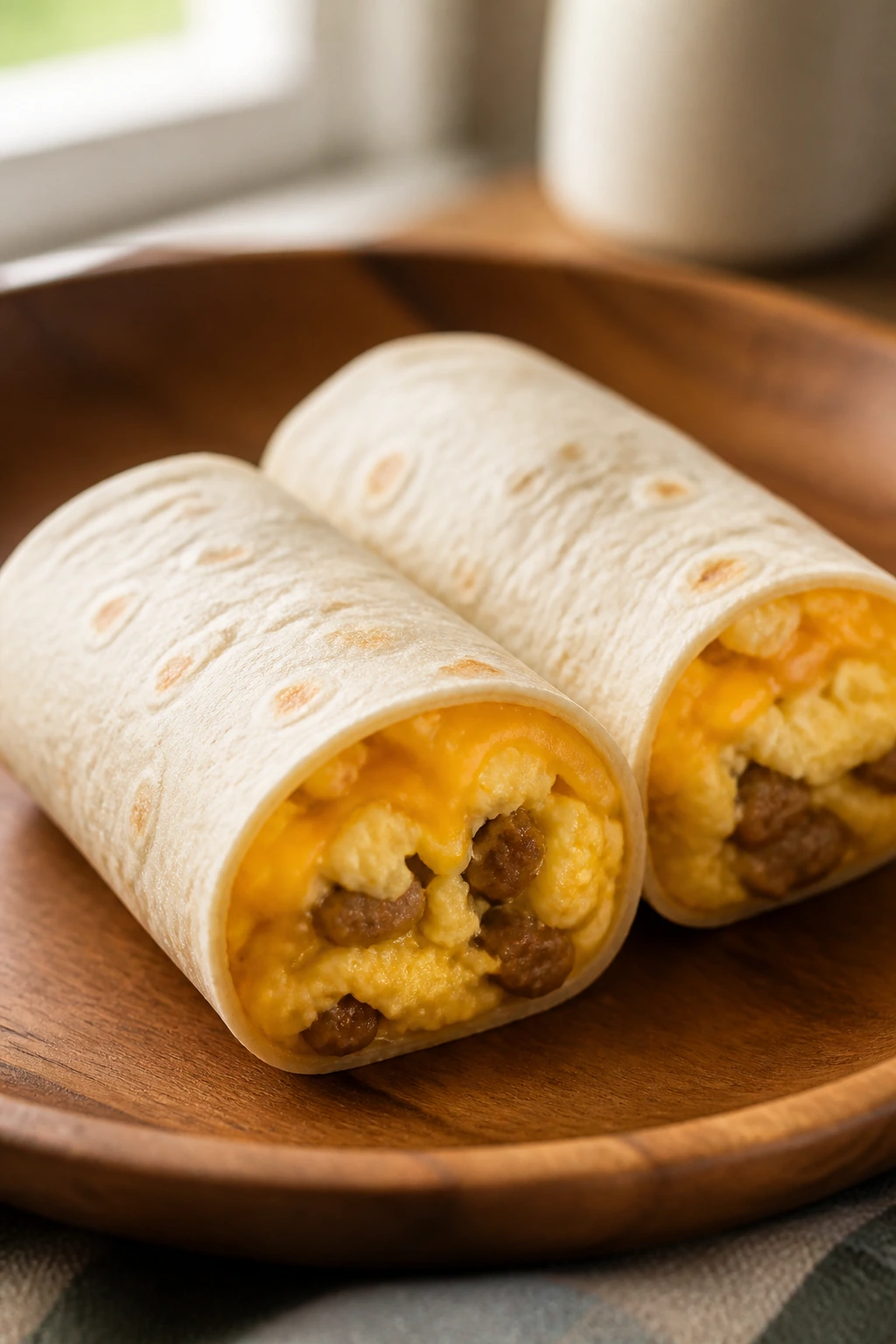 Two mini breakfast burritos on a plate
