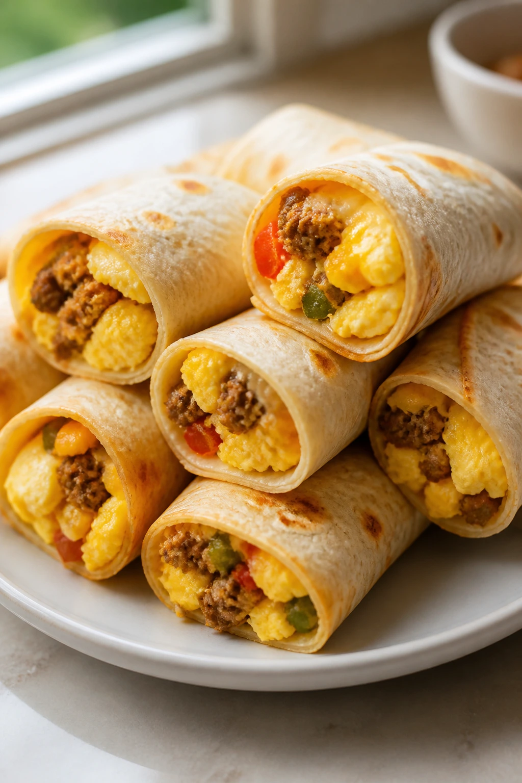 Close-up of mini breakfast burritos on a plate