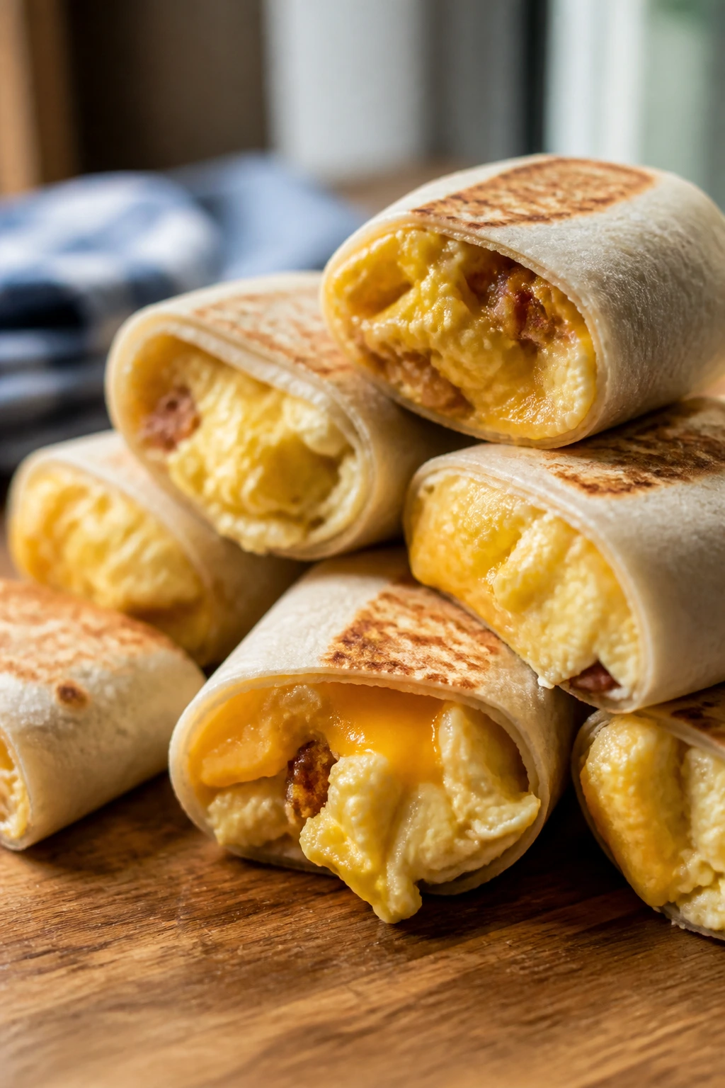 Line of mini breakfast burritos on a wooden table with morning light