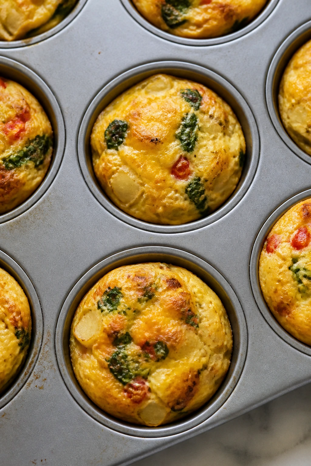 Close-up of mini breakfast frittatas in a muffin tin with golden tops