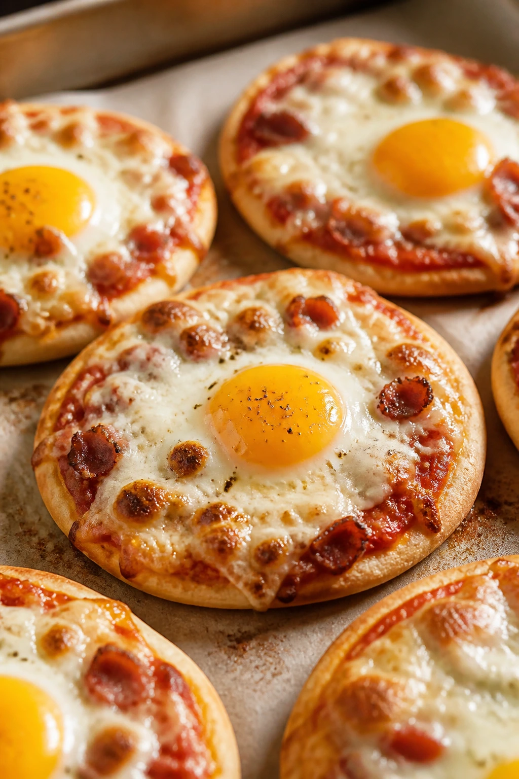 Mini breakfast pizzas with eggs and melted cheese on parchment
