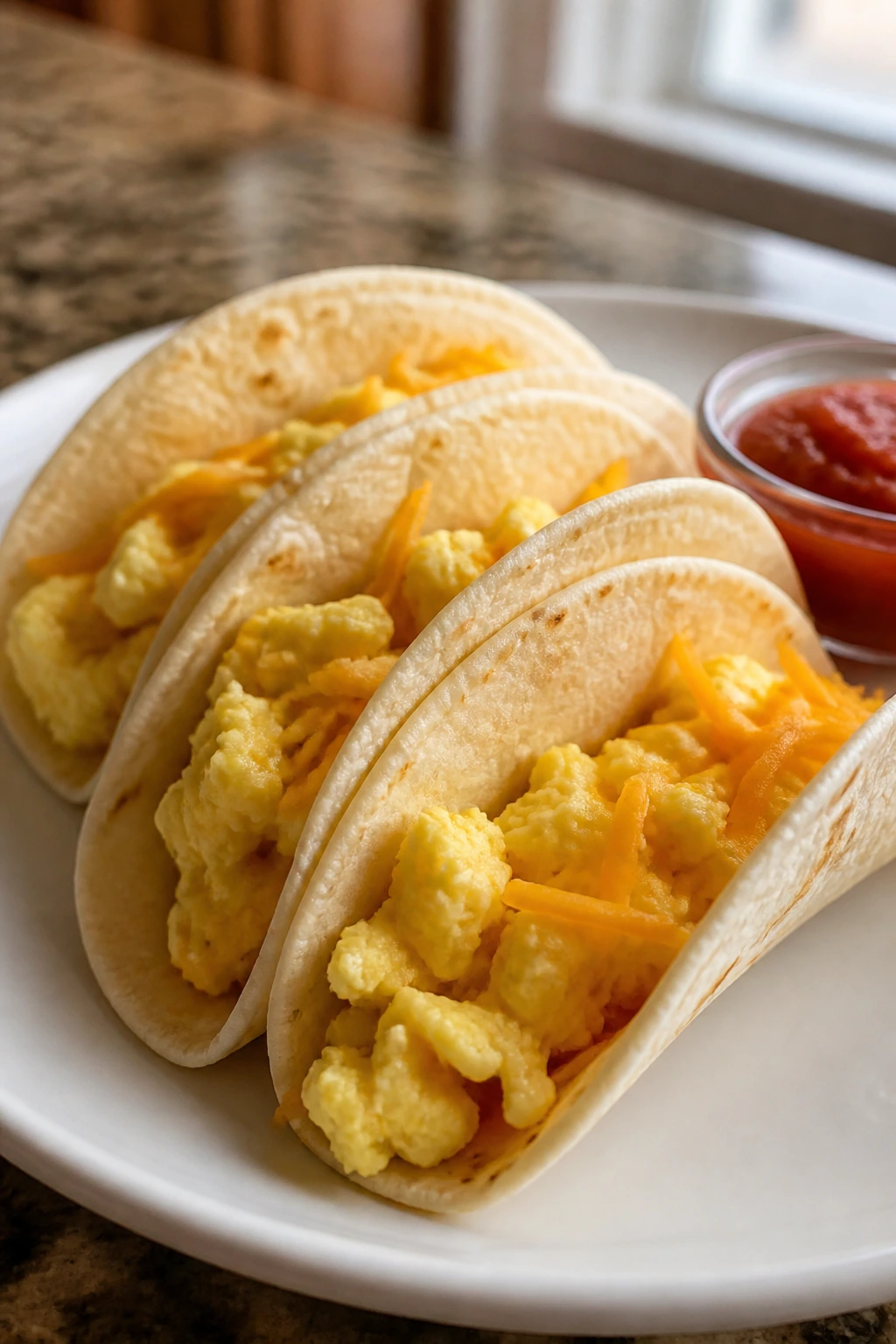 Close-up of three mini breakfast tacos with eggs and cheese on a plate in a cozy kitchen