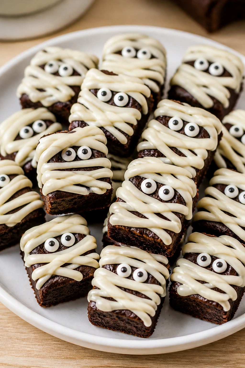 Close-up of mini mummy brownie bites with white chocolate bandages and candy eyes