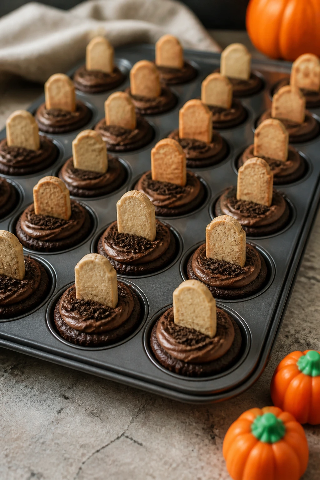 Mini brownie bites in cups topped with frosting and tombstones on a baking tray.