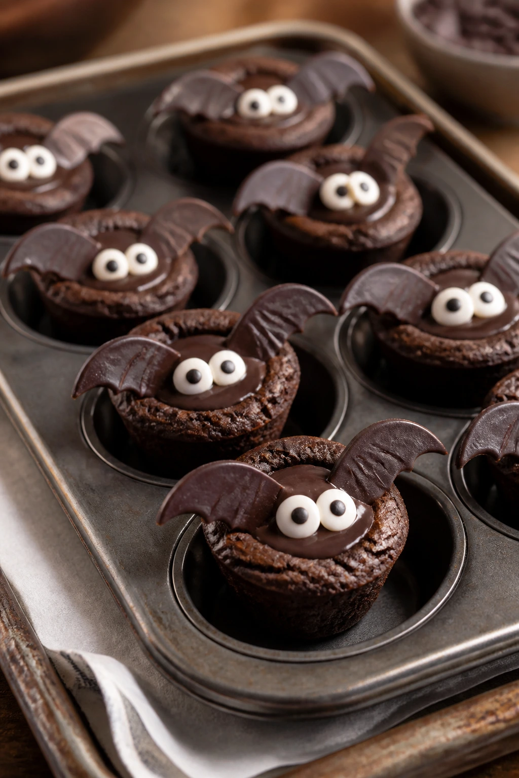 Close-up of mini brownie cup bat treats with ganache centers and wings