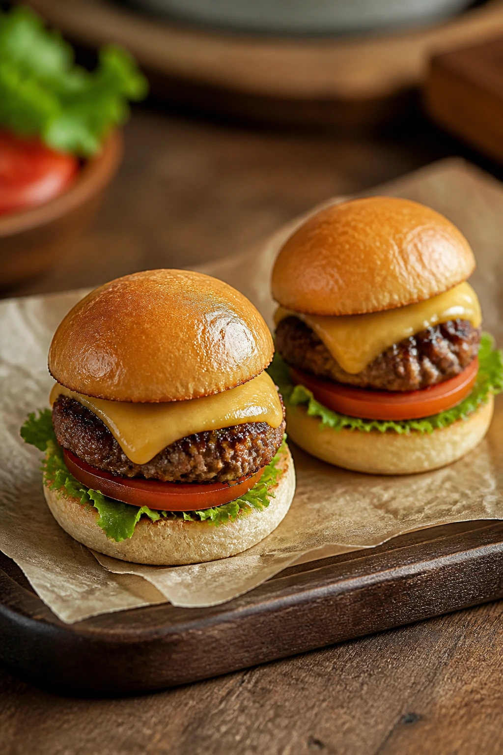 Two mini burgers neatly plated on parchment-lined platter