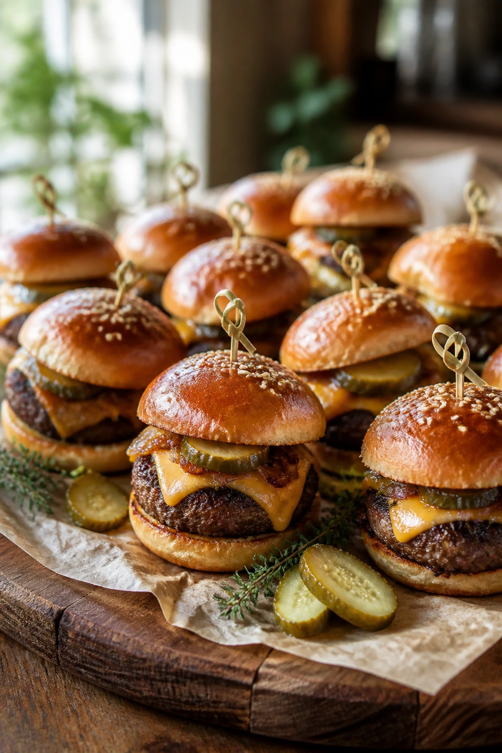 Close-up of a wooden board with mini beef burgers on parchment, garnished with pickles and herbs