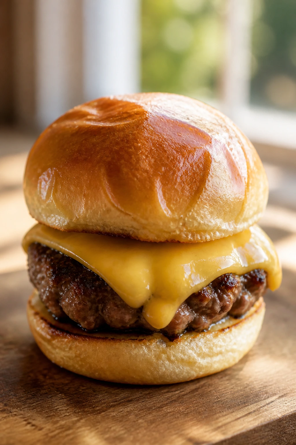 Close-up of a juicy mini burger with melted cheese on a toasted bun.