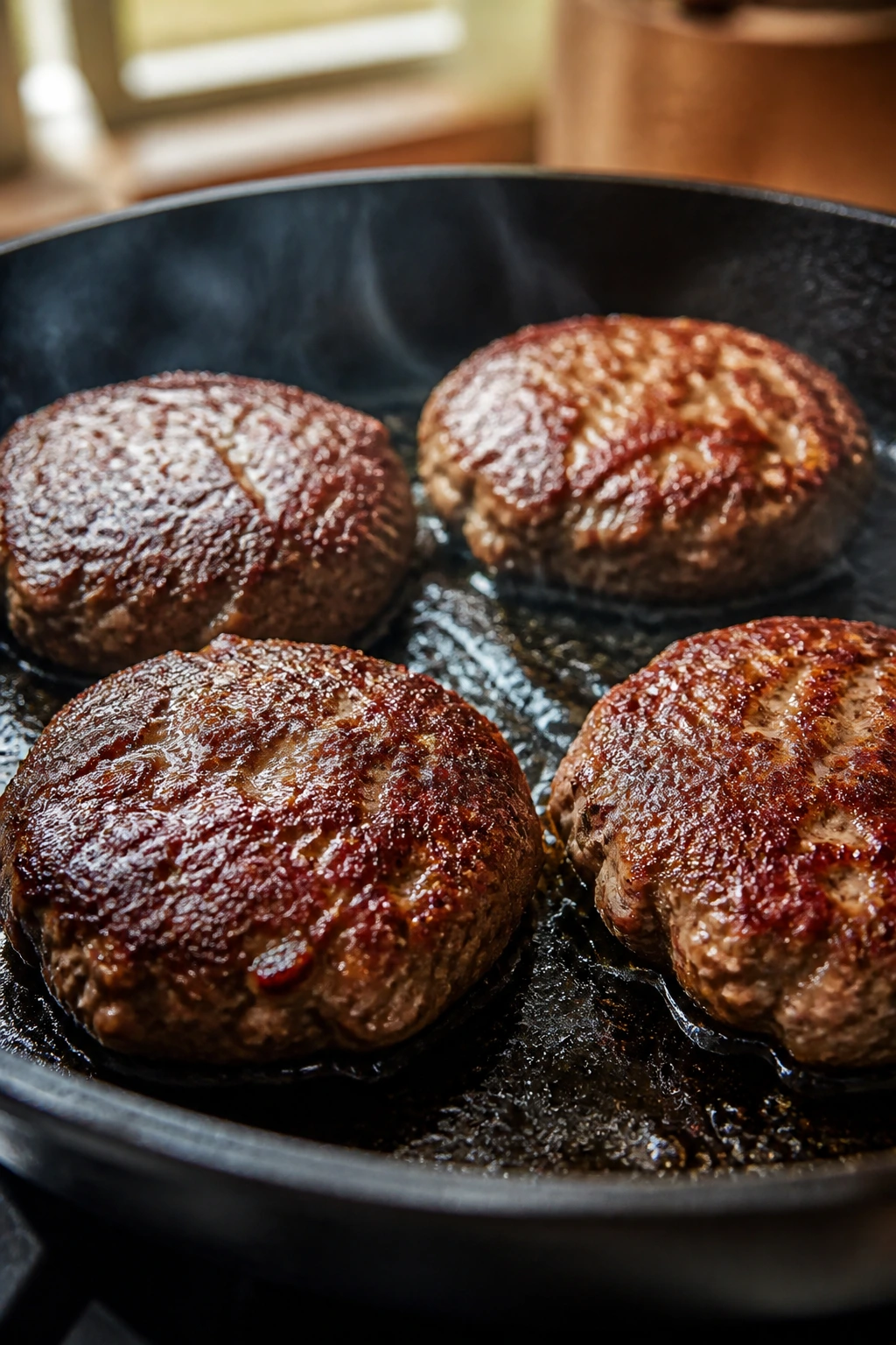 Close-up of mini burger patties searing in a skillet with shimmering oil