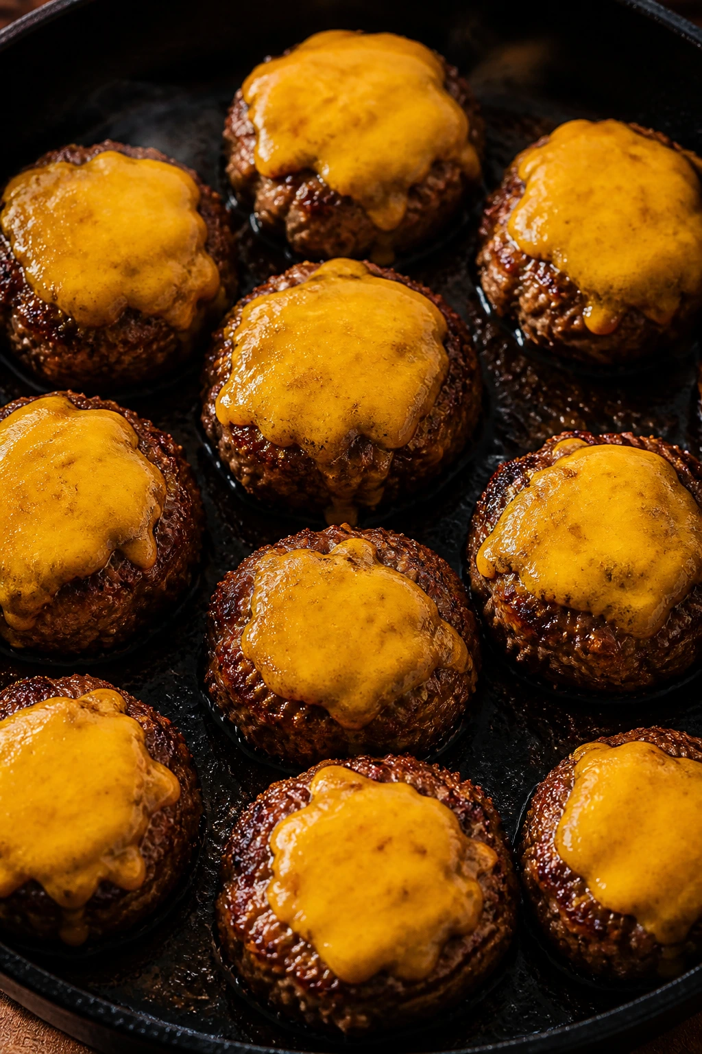 Top-down view of multiple mini burgers on a sizzling cast-iron skillet.